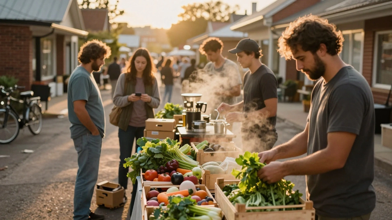 Vendors at a local farmers market during golden hour lighting.