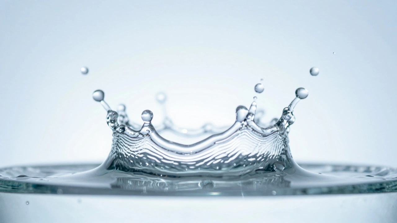Water droplets frozen in mid-air forming a splash crown.