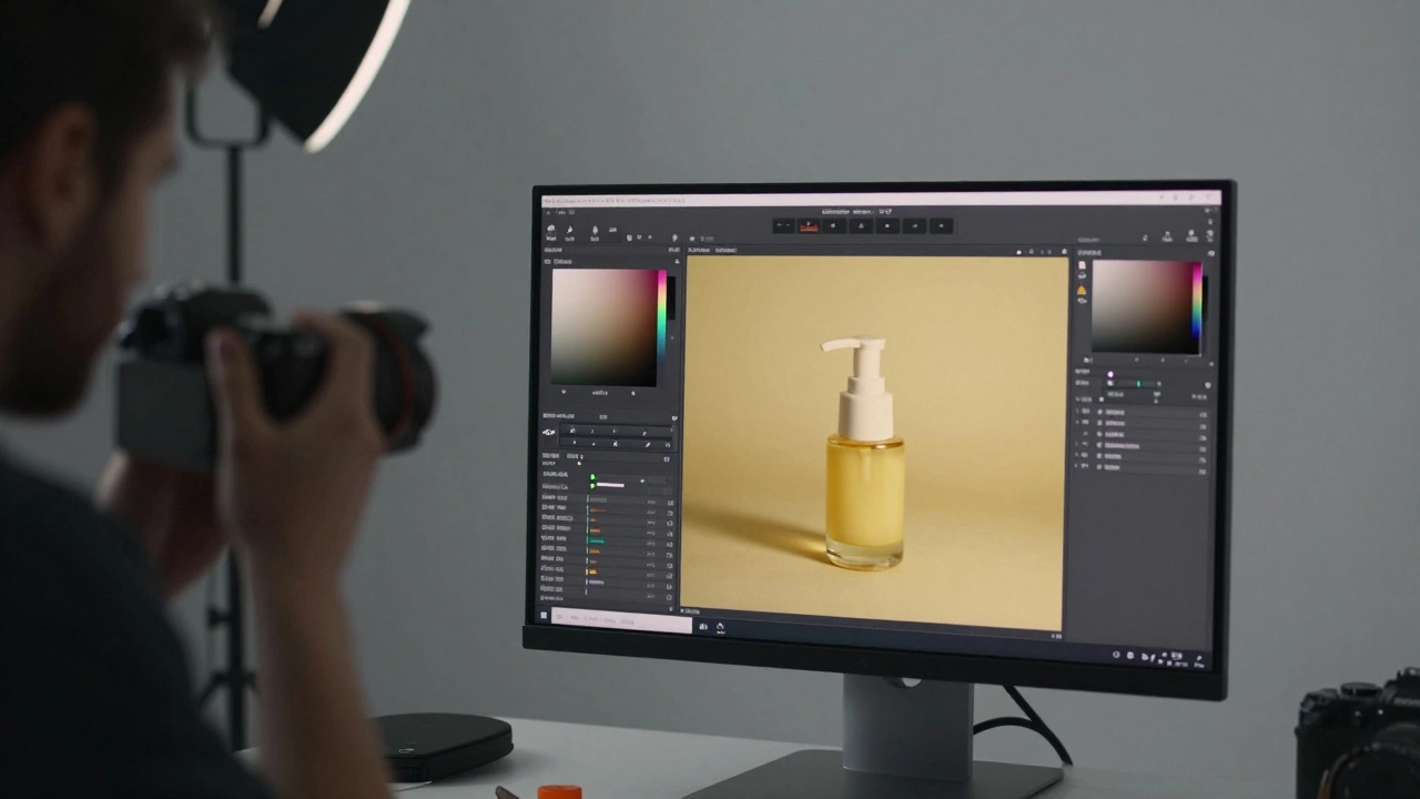 A computer screen showing RAW photo editing to correct the color temperature of a product image.