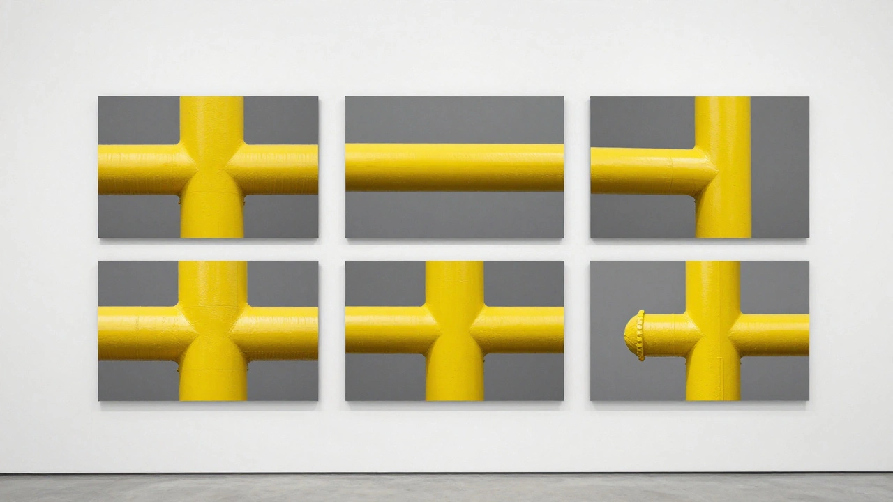 A gallery wall displaying a series of industrial photos unified by yellow accents.