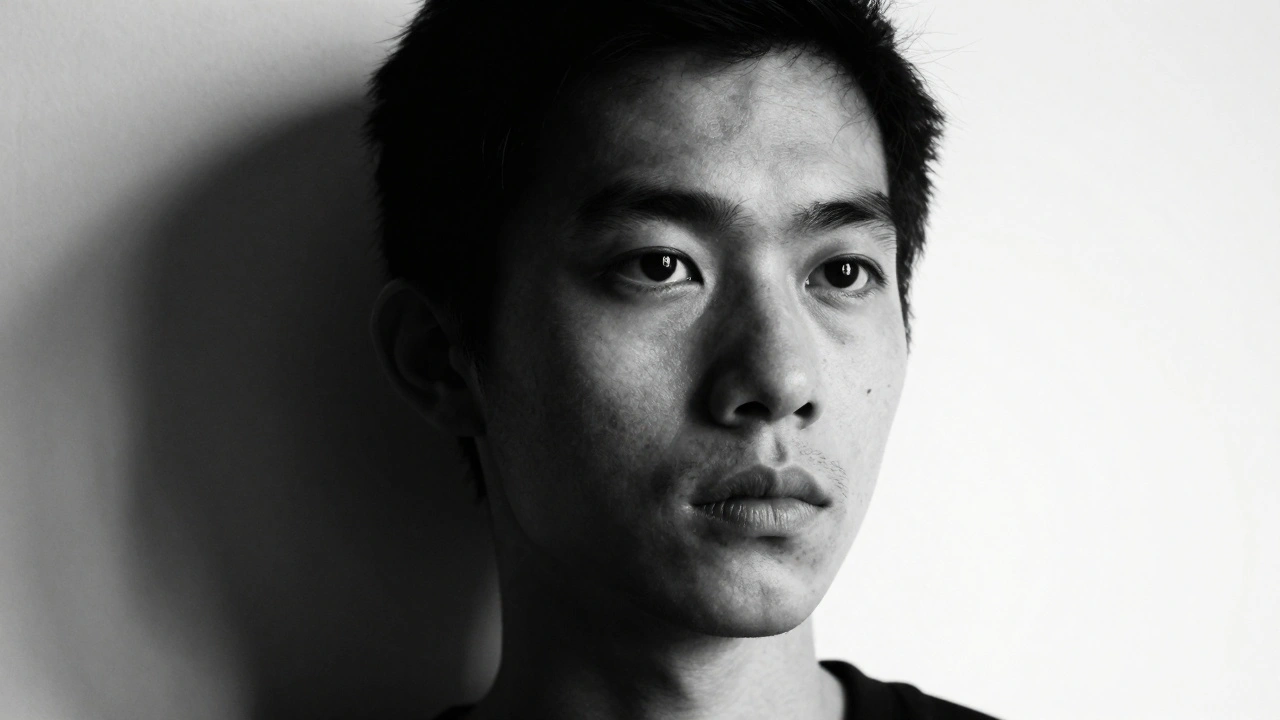 A high-contrast black and white portrait of a person against a plain white wall.