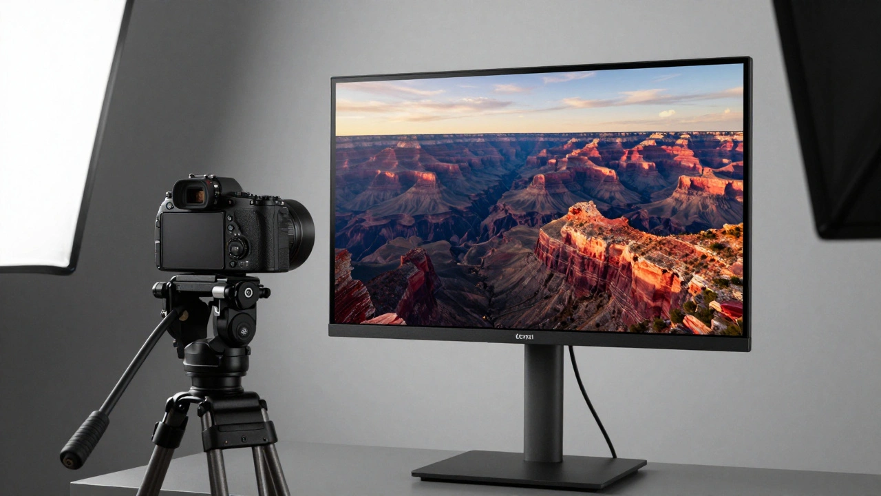 A medium format camera tethered to a large monitor showing a high-resolution sunset landscape