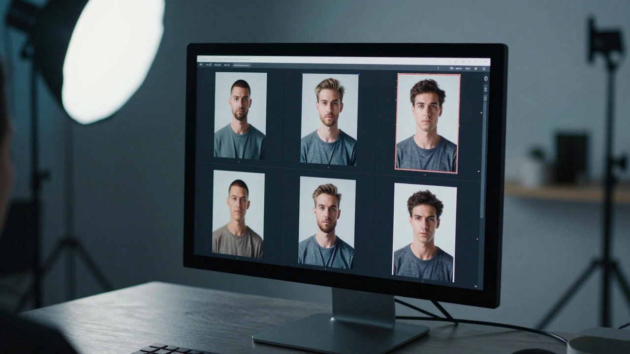 A monitor displaying various camera height angles for a portrait study