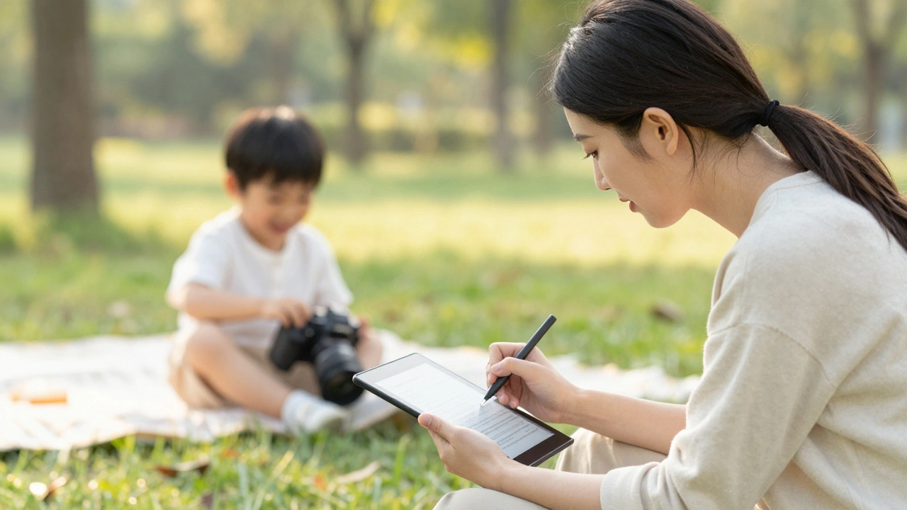 A parent signing a digital model release during a child's professional photo shoot