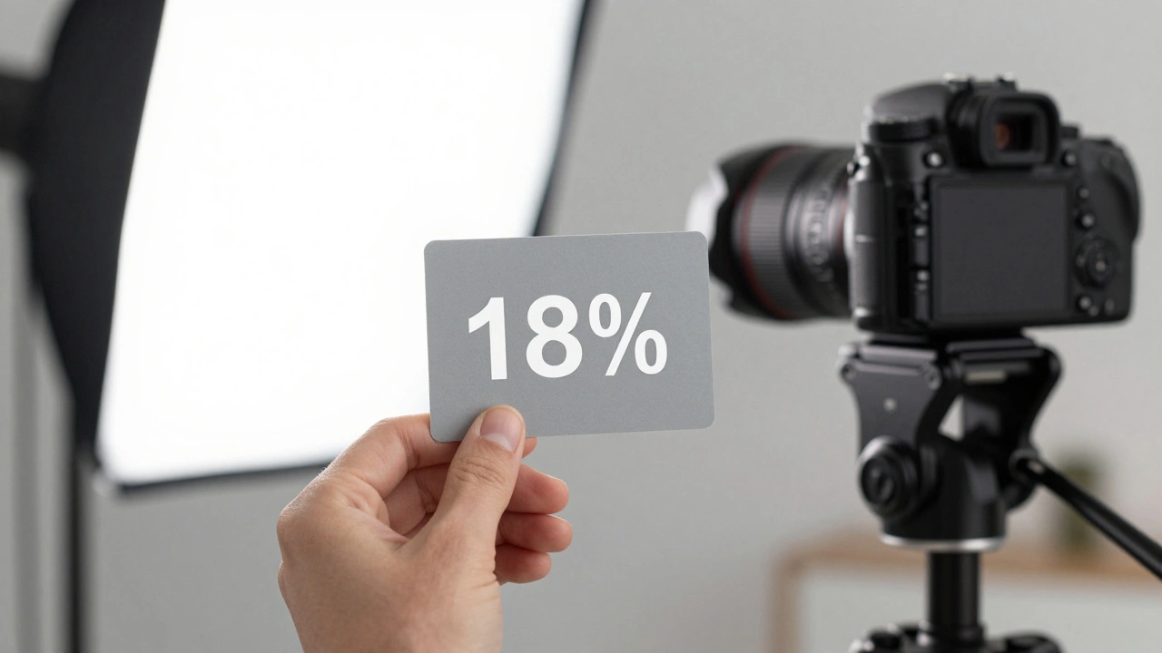 A photographer using a grey card in front of a product to calibrate camera white balance in a studio.