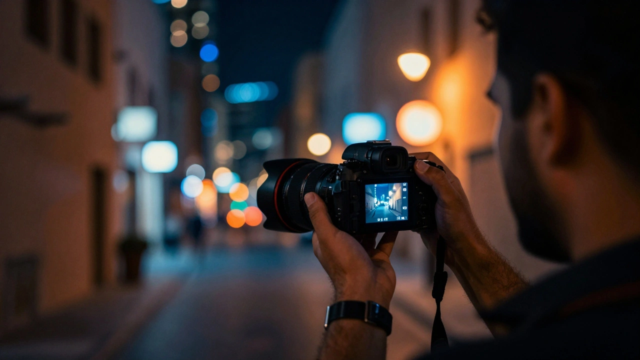 A photographer using a prime lens to capture a subject with neon bokeh in a city alley