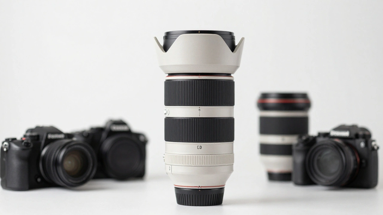 A professional camera lens in focus with various camera bodies blurred behind it