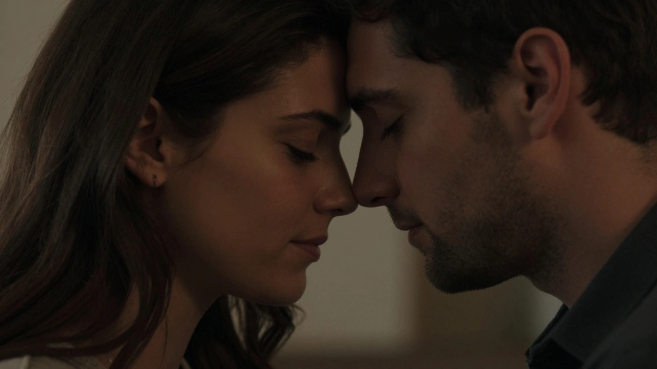 A romantic couple with their foreheads touching and eyes closed in an intimate moment