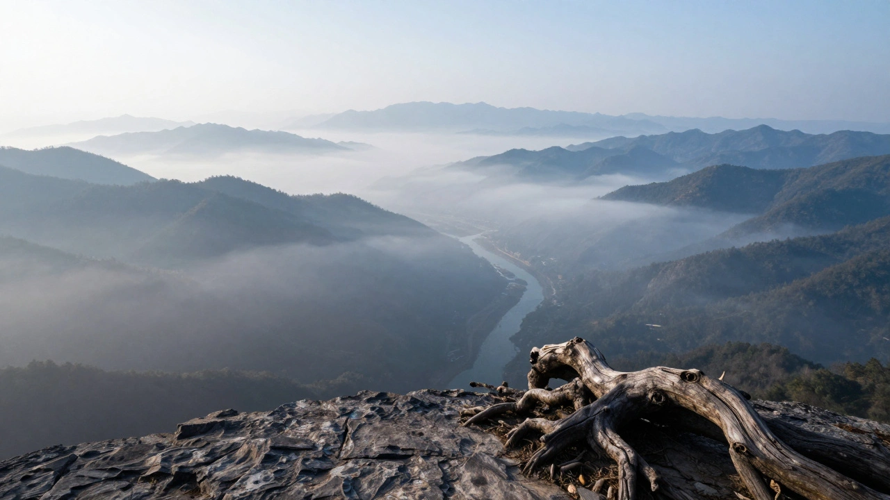 A sharp ancient tree root in the foreground with misty valleys and blue mountains behind.