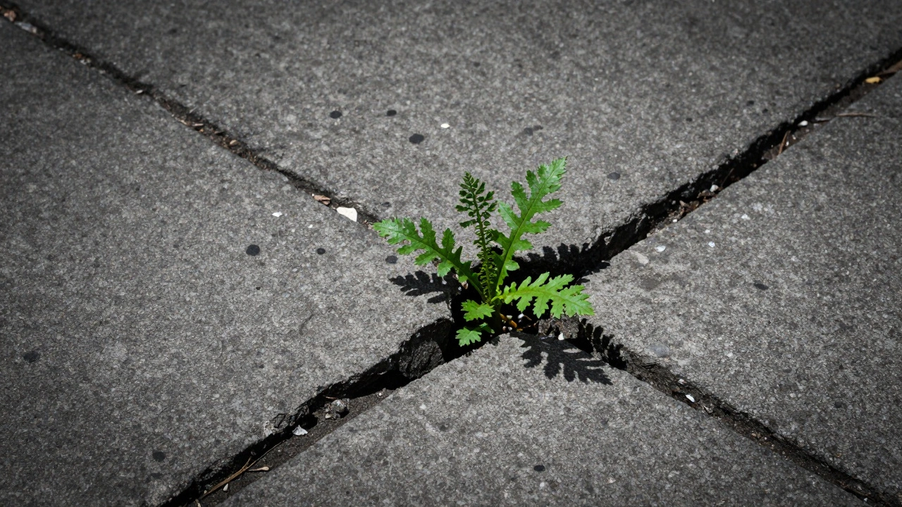 A small green plant growing through a crack in a grey concrete city sidewalk.
