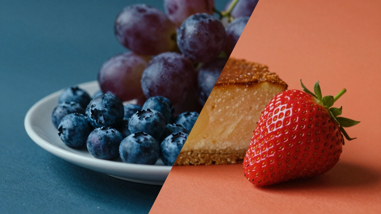 A split composition contrasting a calming blue side with blueberries and a stimulating red side with strawberries.