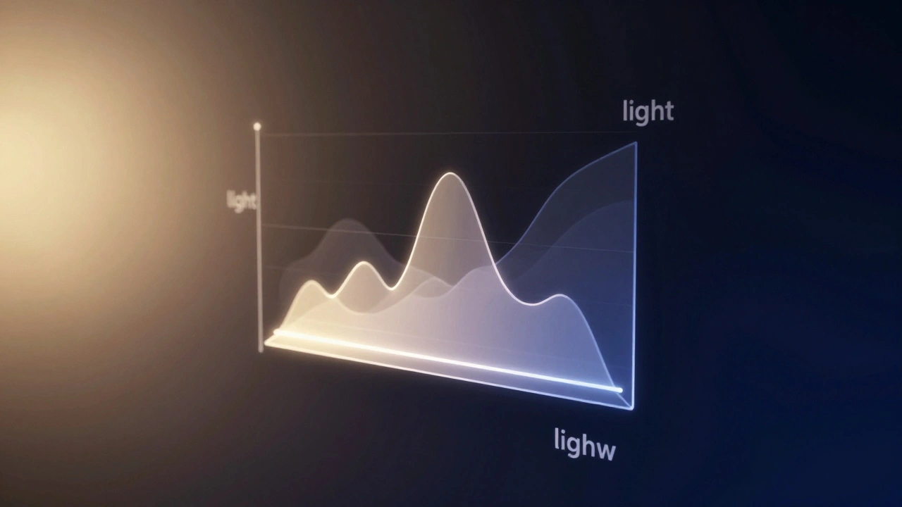 Abstract 3D glowing histogram graph representing light and shadow distribution.