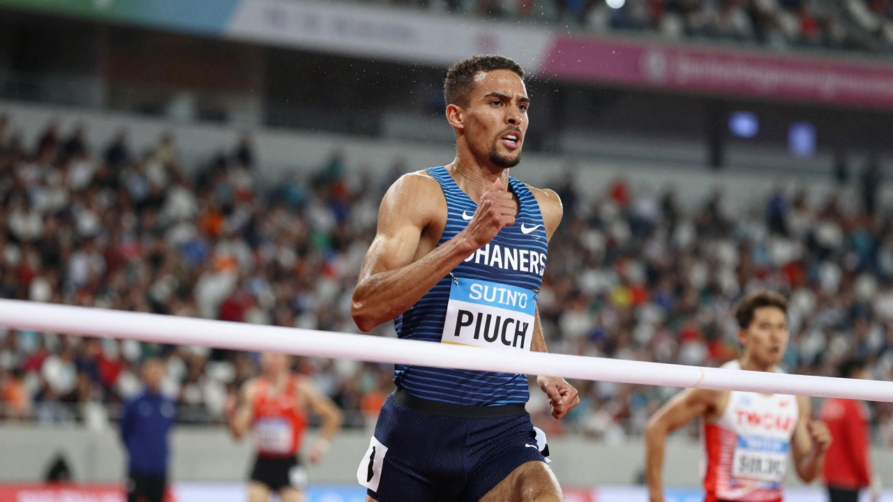 Action shot of a sprinter crossing the finish line with frozen sweat droplets