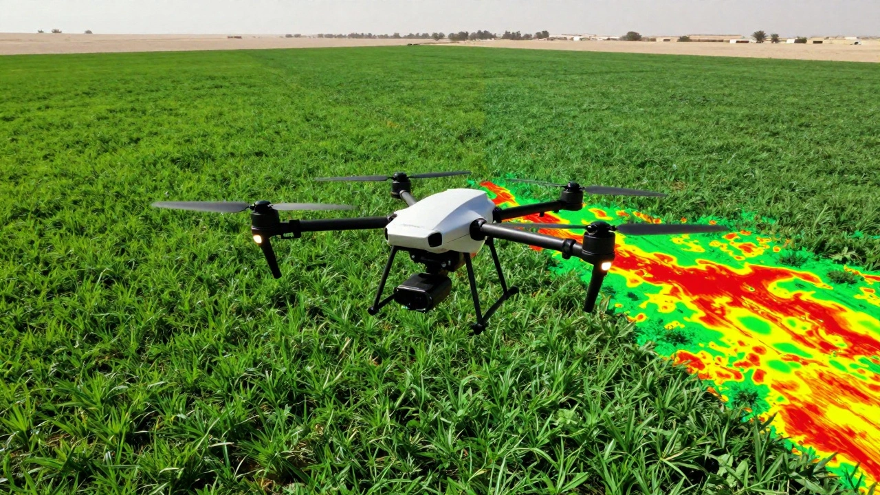 Agricultural drone flying over a field with a split-screen multispectral health map overlay