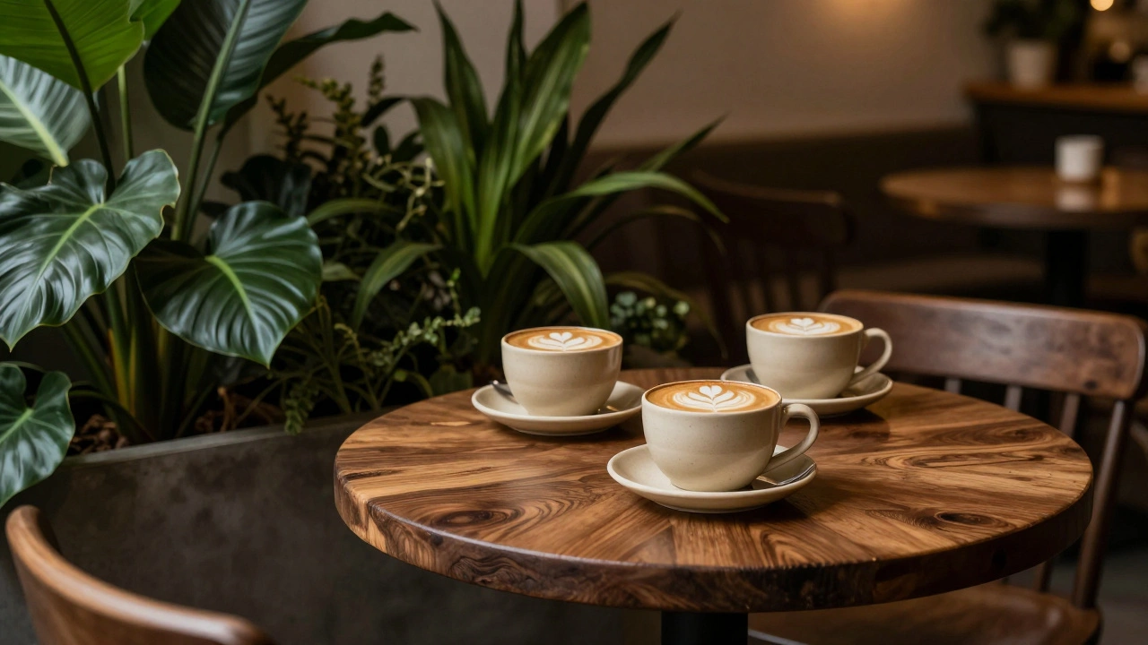 An artisanal cafe interior with green plants, brown wooden tables, and cream-colored coffee mugs.