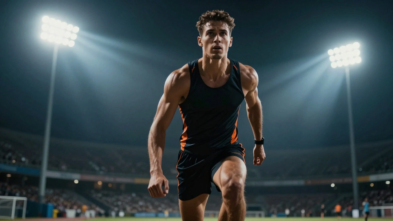 Athlete captured under bright stadium floodlights during a night game
