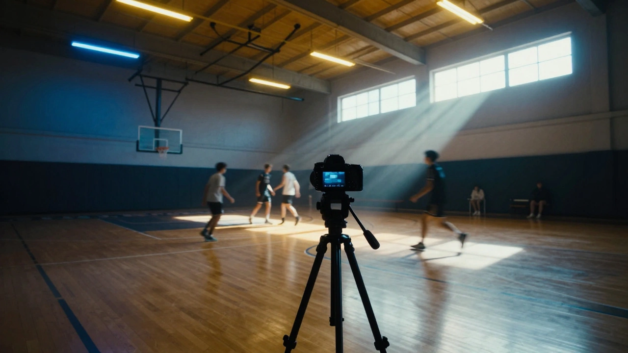 Basketball gym with mixed LED and fluorescent lighting and a professional camera