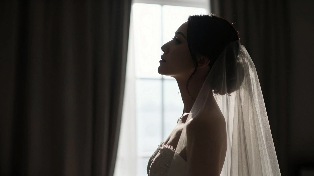Bride in silhouette with a glowing rim light effect outlining her veil and hair.