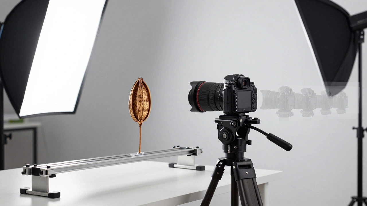 Camera on a focusing rail in a studio setup for focus stacking