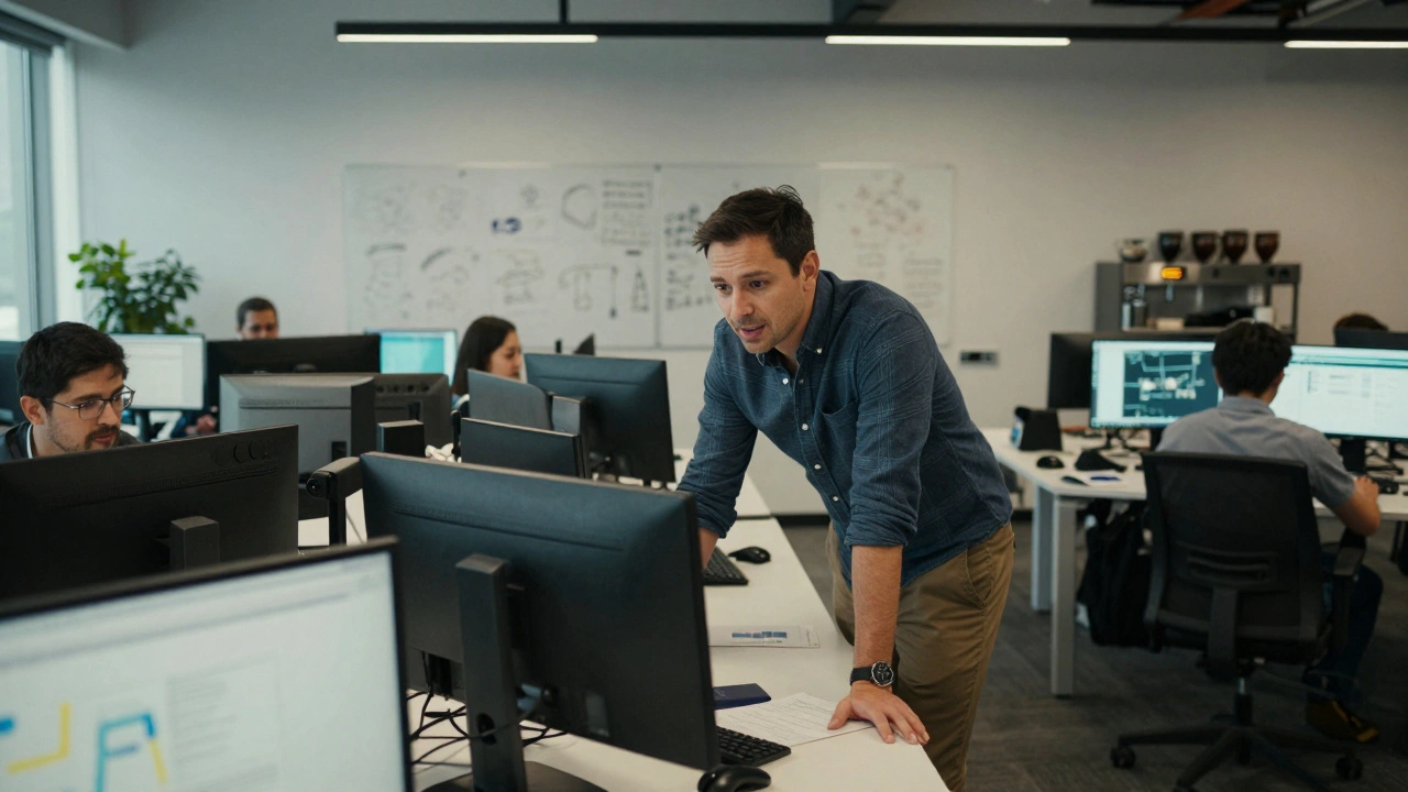 CEO in a modern startup office environment leaning into computer monitors