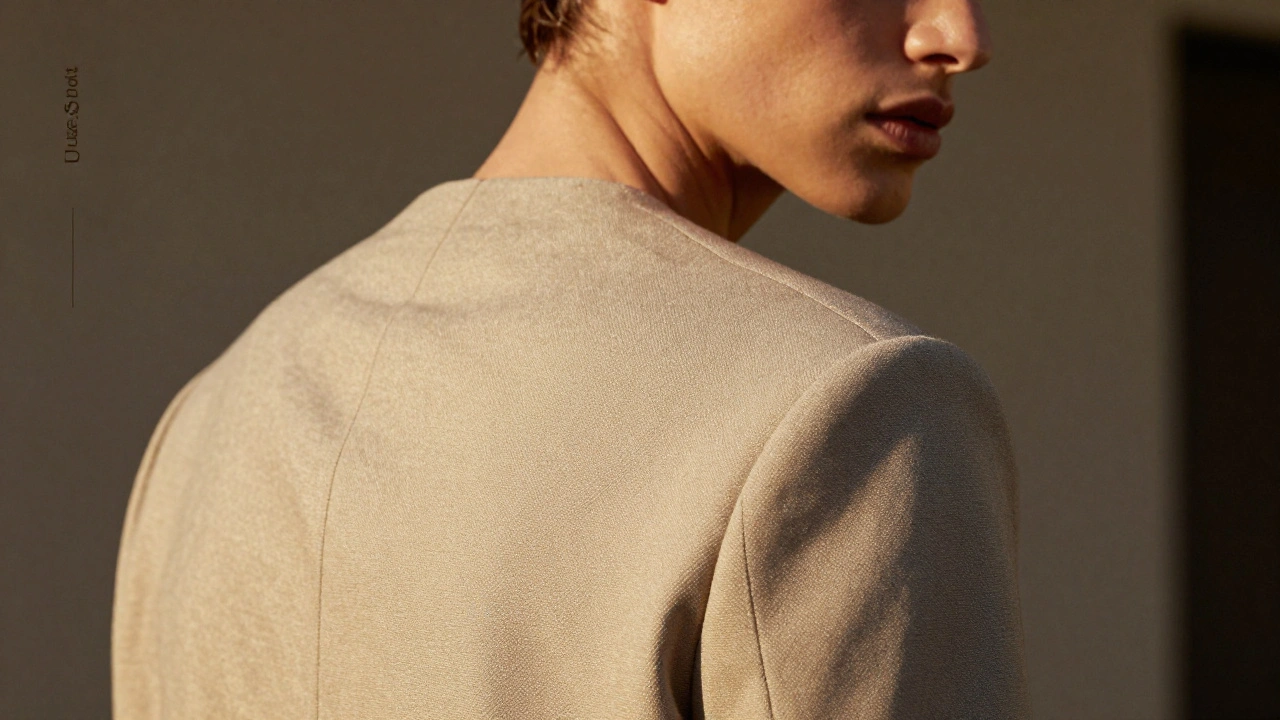 Close-up fashion shot focusing on the back seams of a garment and a model's gaze.