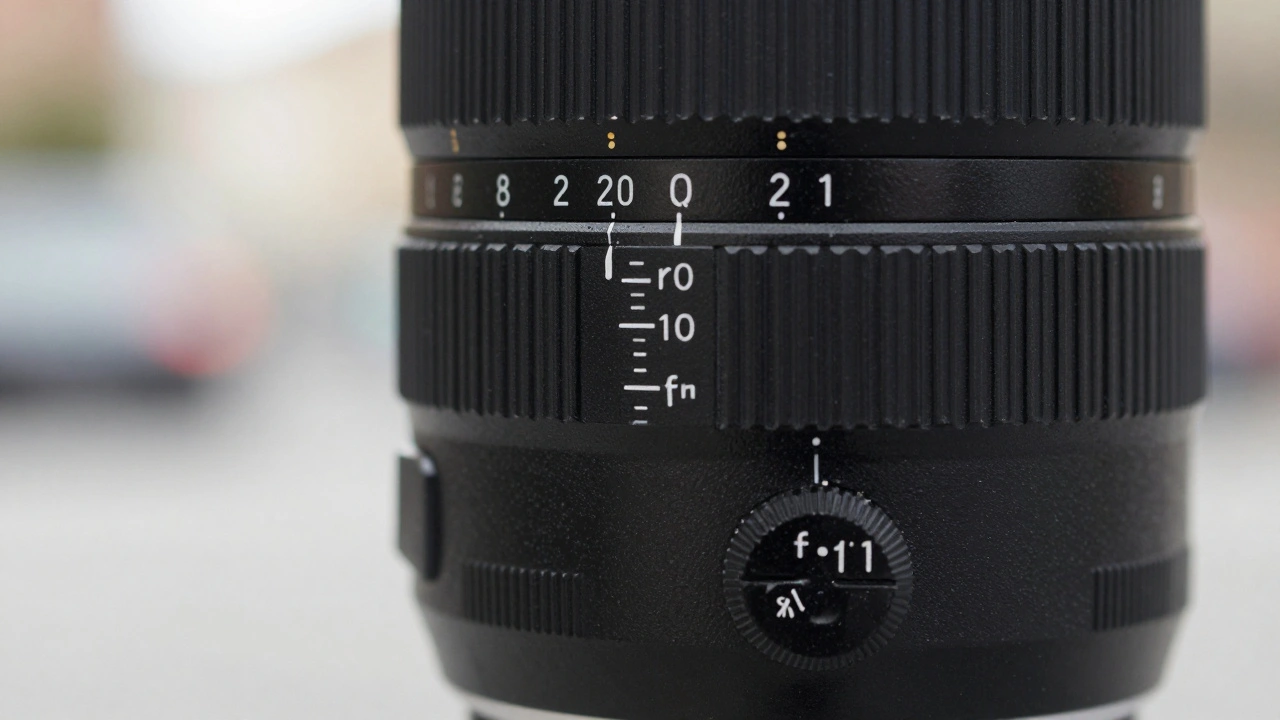 Close-up of a camera lens focus ring set to a specific distance for zone focusing.