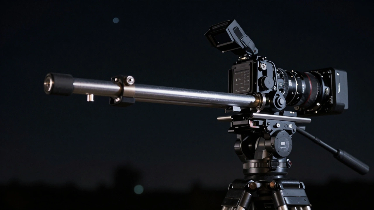 Close-up of a camera on a panoramic head with a nodal rail at night