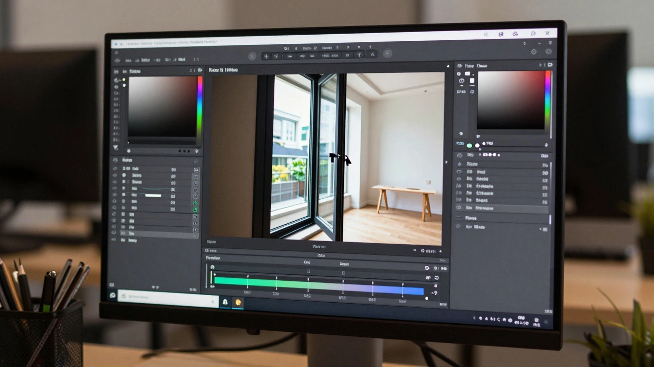 Close-up of a computer screen showing the luminosity masking process in Photoshop