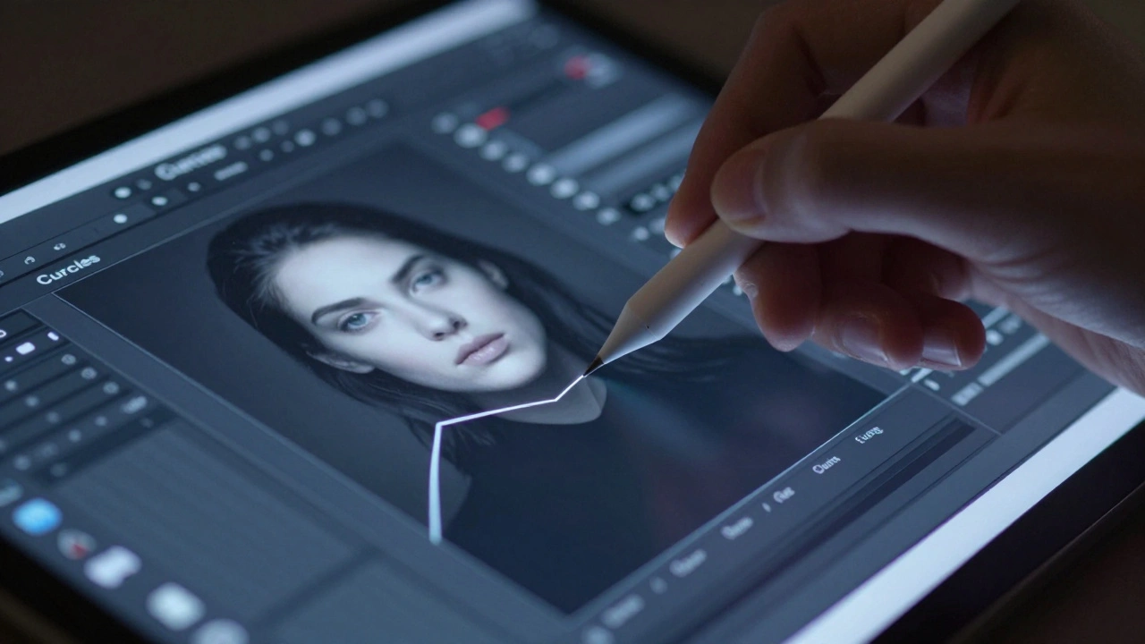 Close-up of a hand using a stylus to adjust a tone curve on a digital editing tablet.