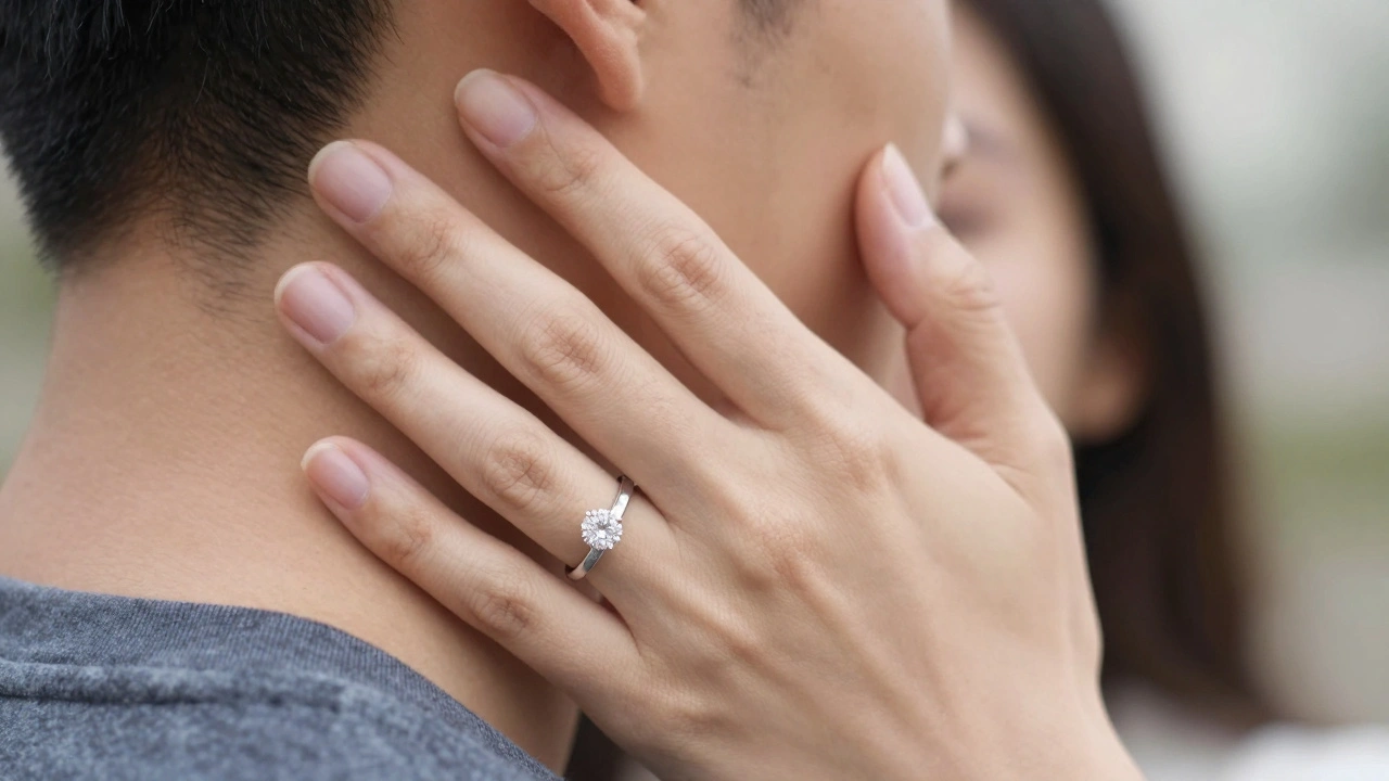 Close-up of a hand with an engagement ring gently touching a partner's cheek