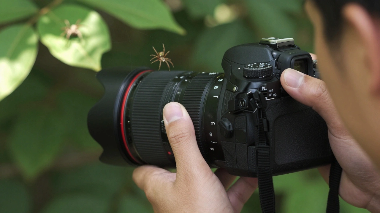 Close-up of a photographer's hand adjusting the manual focus ring of a lens