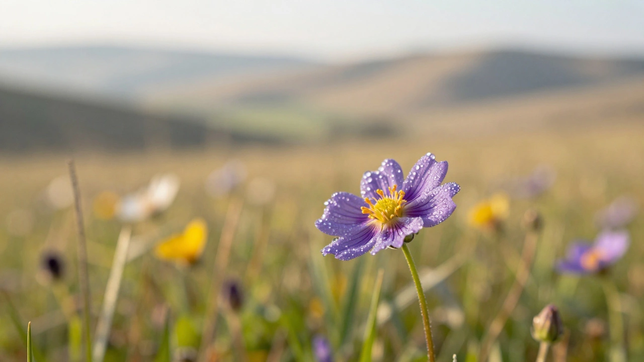 Close-up of a wildflower with a blurred meadow and distant valley background