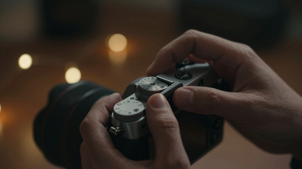 Close-up of hands adjusting manual settings on a camera in a dimly lit room.