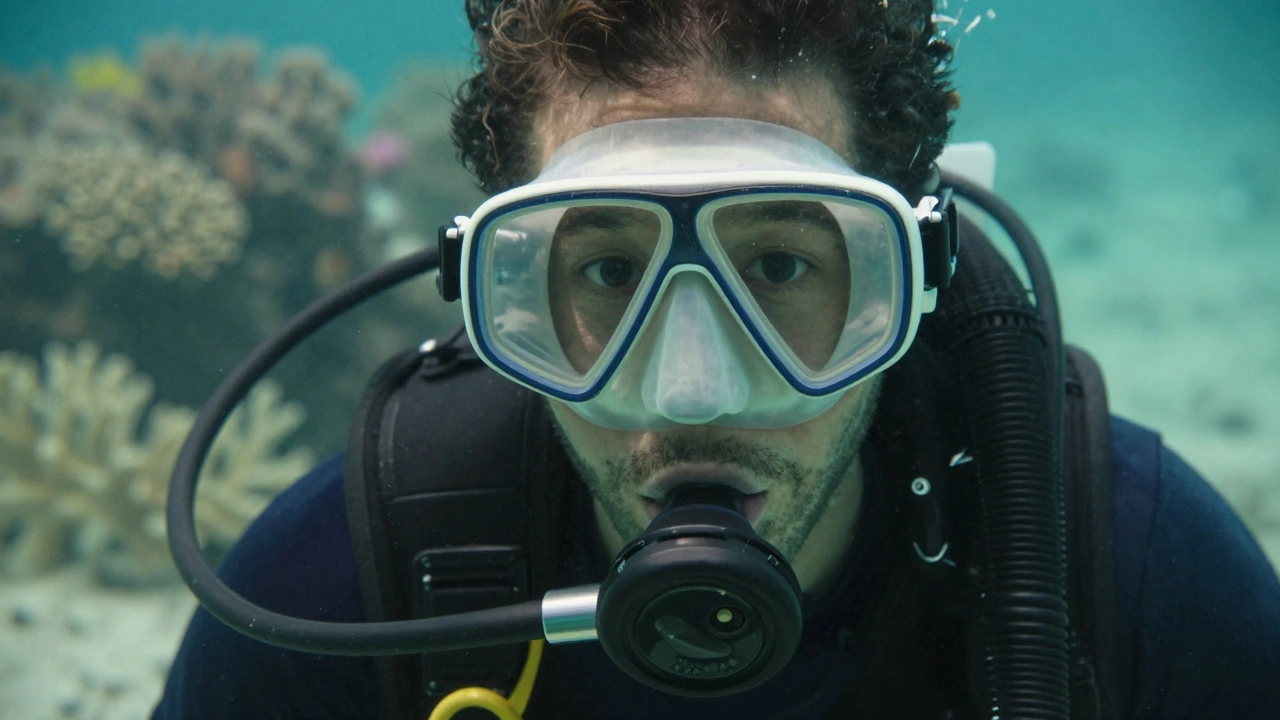 Close-up portrait of a diver looking with wonder at marine life