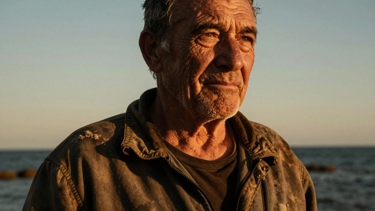Close-up portrait of a weathered fisherman illuminated by the warm, textured light of the golden hour.