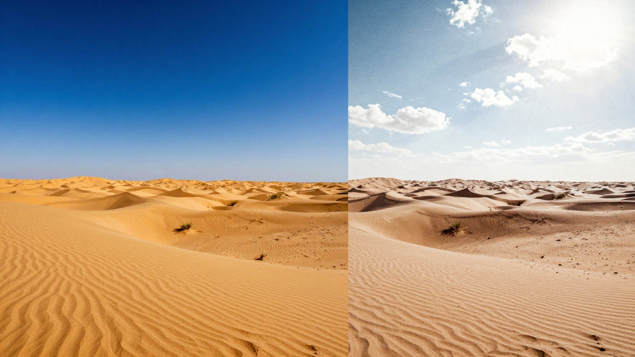 Comparison between a clean, high-dynamic range landscape and a grainy, noisy image.