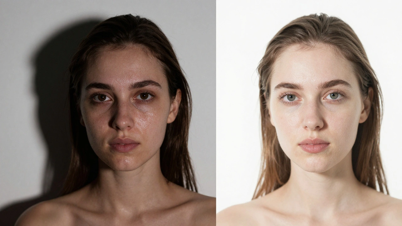 Comparison between harsh direct flash lighting and soft bounce flash lighting on a portrait.