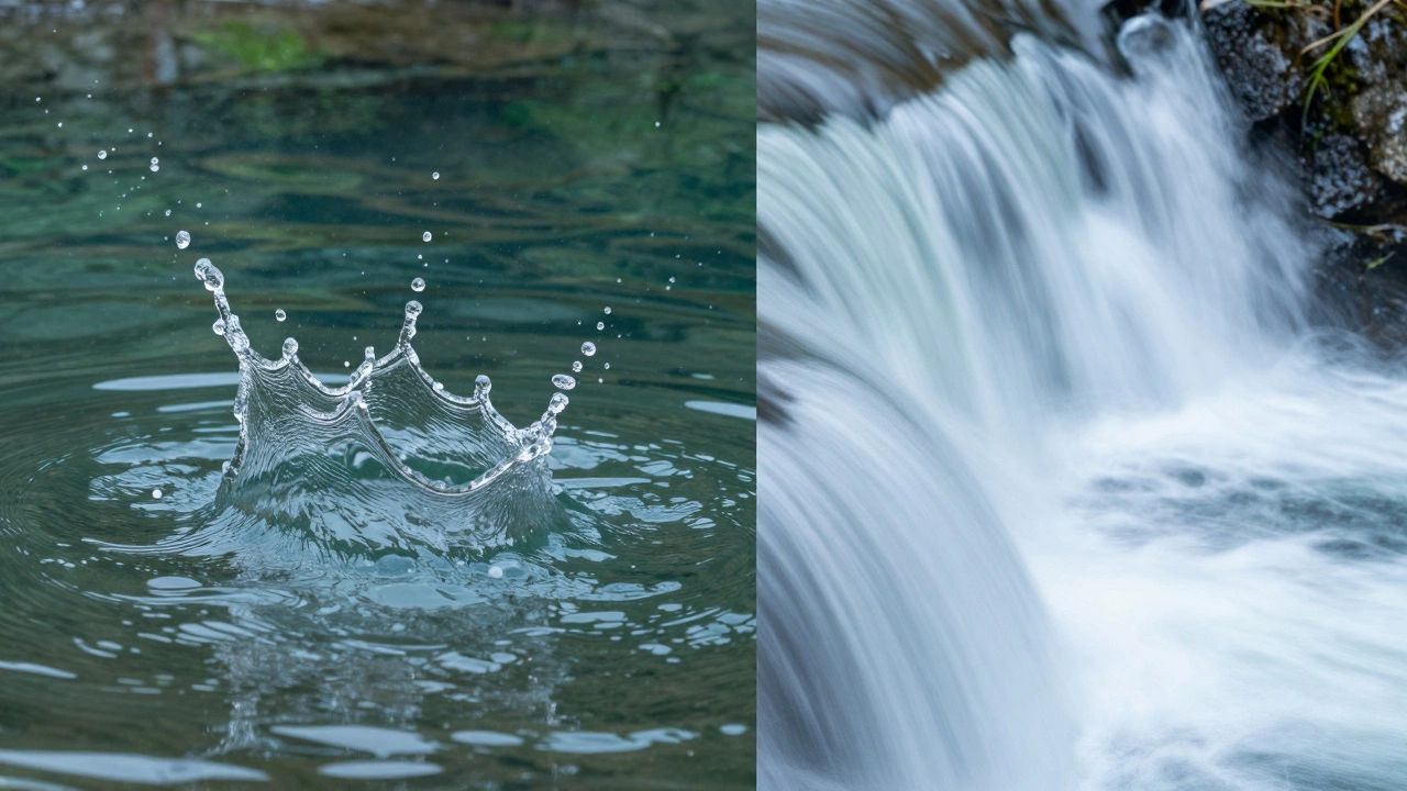 Comparison of a frozen water droplet and a silky motion-blurred waterfall.