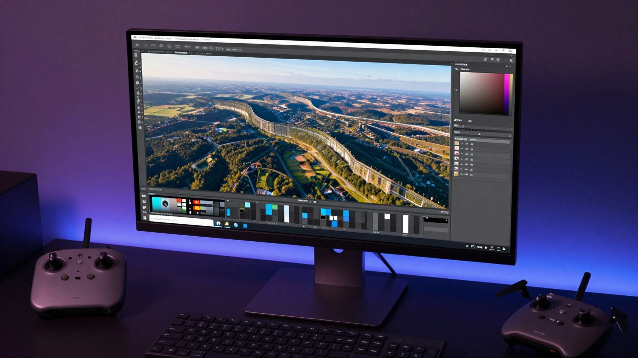 Computer screen displaying a drone panorama being stitched and corrected in software.