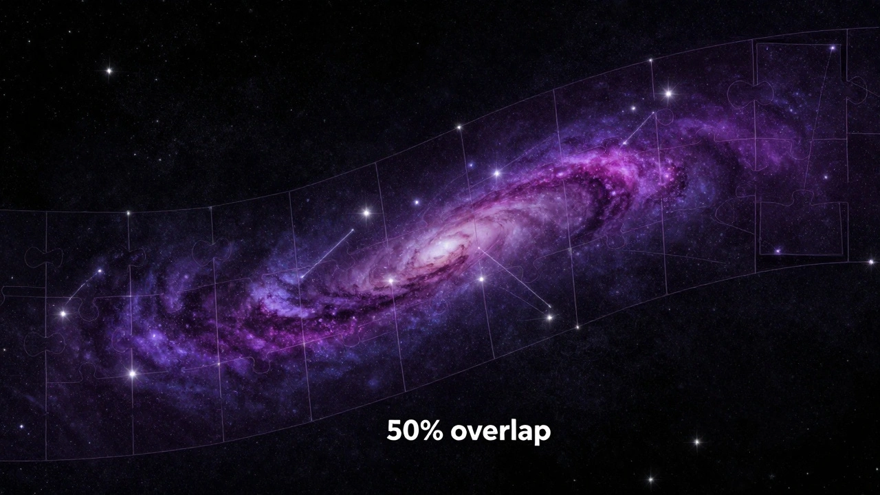 Conceptual illustration of multiple night sky frames stitching into a panorama