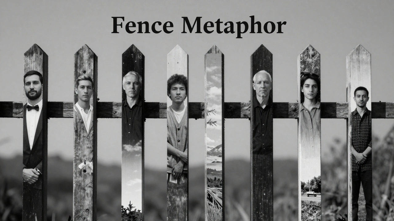 Conceptual image of photographs arranged like a fence with strong images as posts and details as rails.