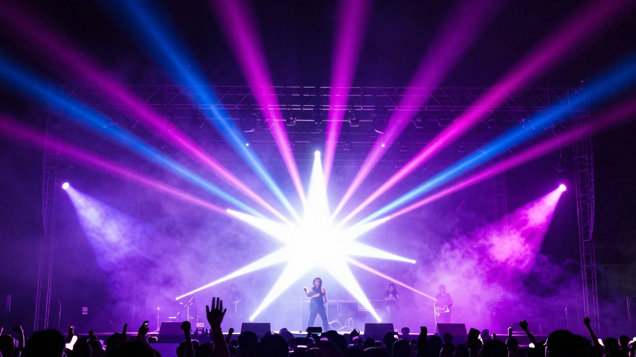Concert stage with colorful spotlights creating 6-point starburst effects