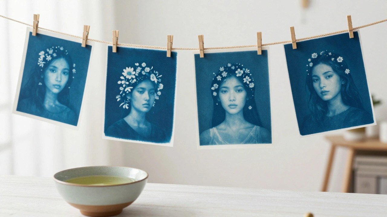 Deep blue ethereal cyanotype portraits drying in a modern sunlit studio