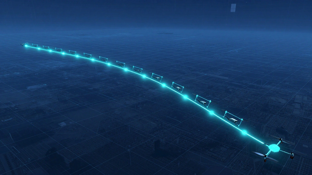 Digital diagram showing the S-curve flight path for multi-row drone panoramas.