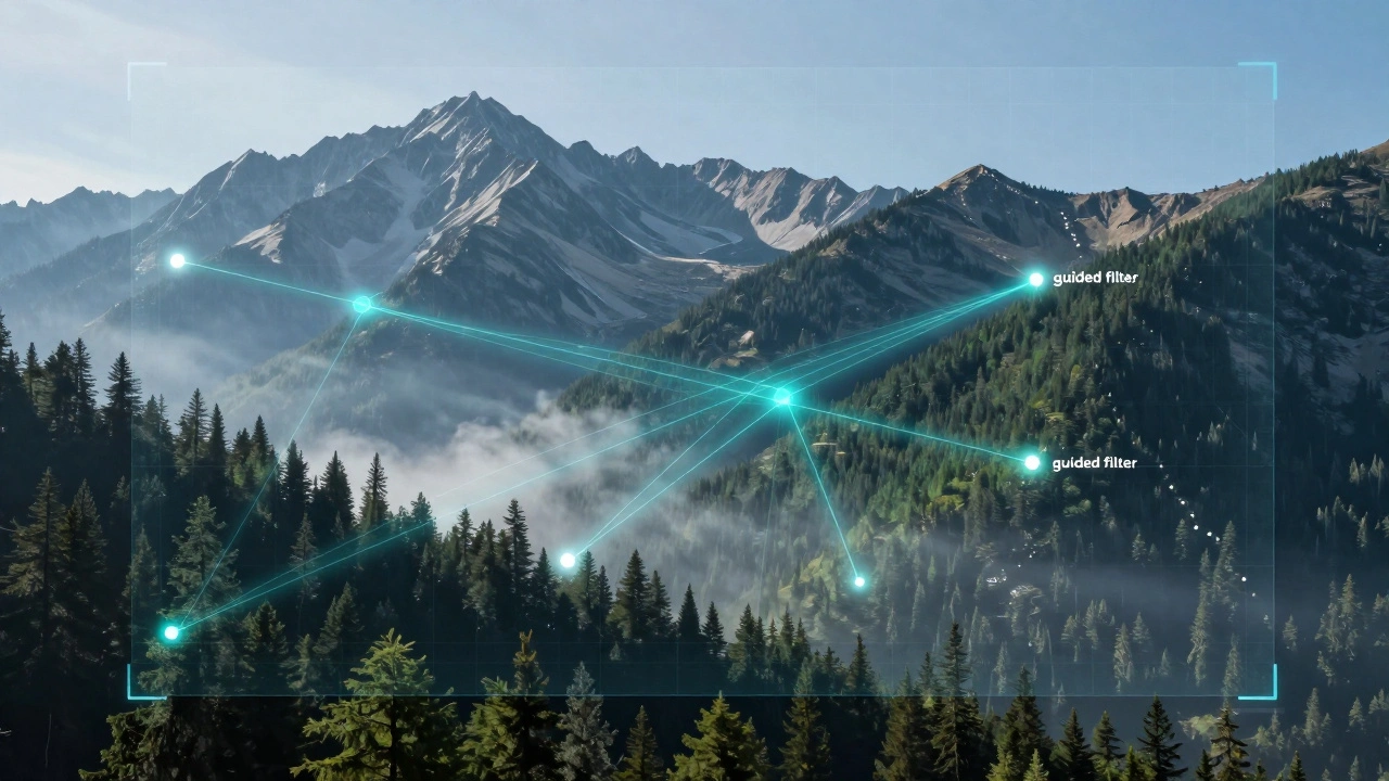 Digital holographic overlay analyzing and removing haze from a mountain landscape using AI algorithms.