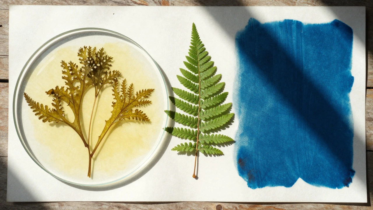 Dried seaweed and ferns on light-sensitive paper being exposed to sunlight