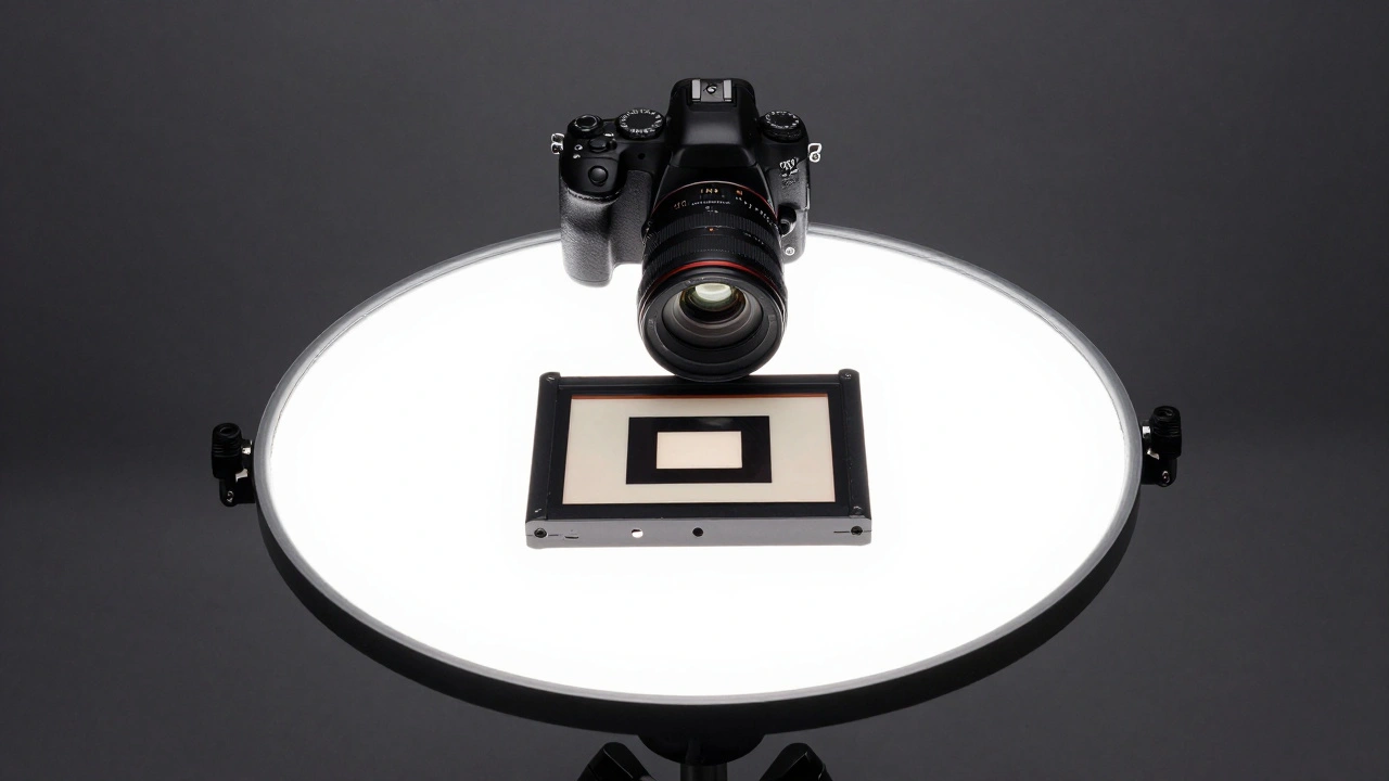 DSLR camera with macro lens and light panel set up for film scanning
