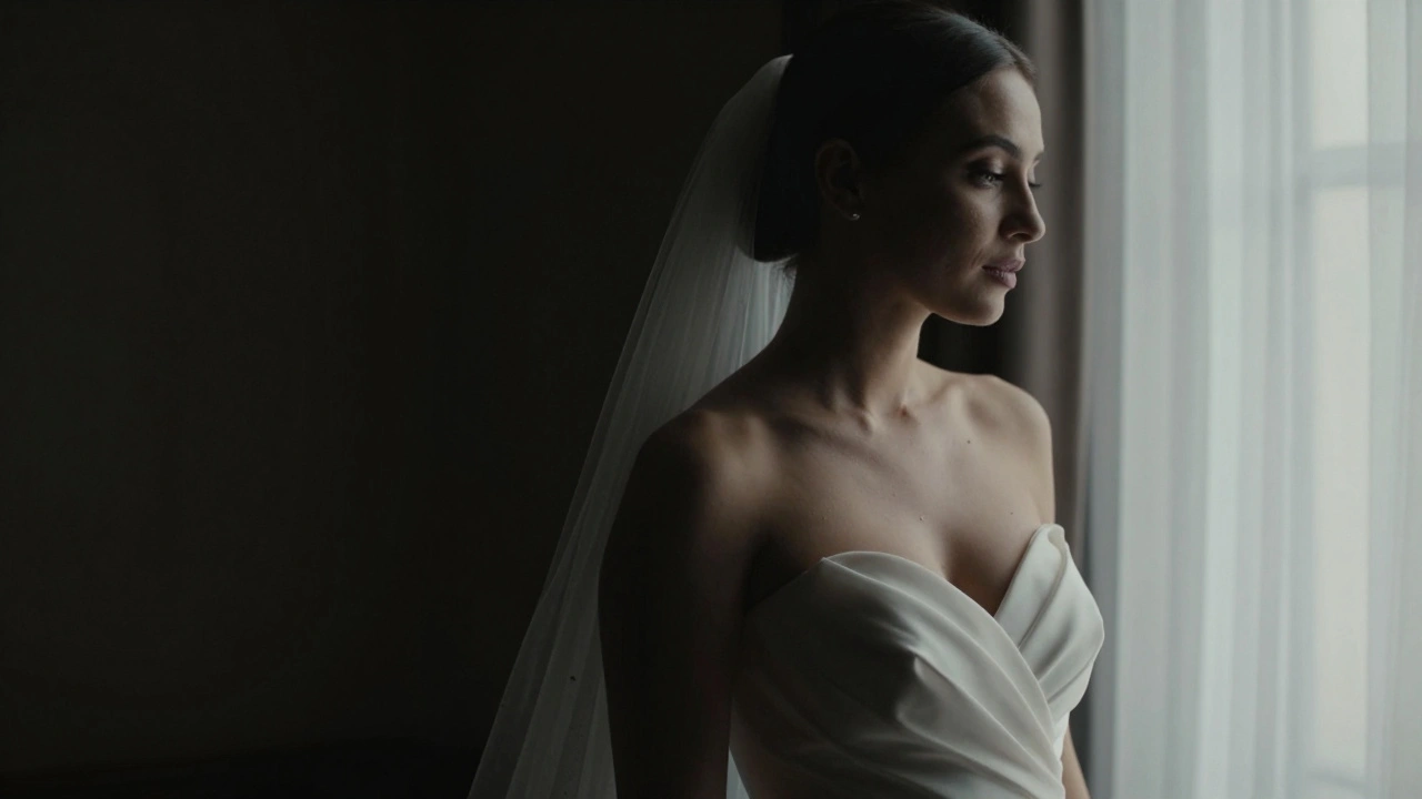 Editorial bridal portrait featuring dramatic short lighting and soft facial shadows.
