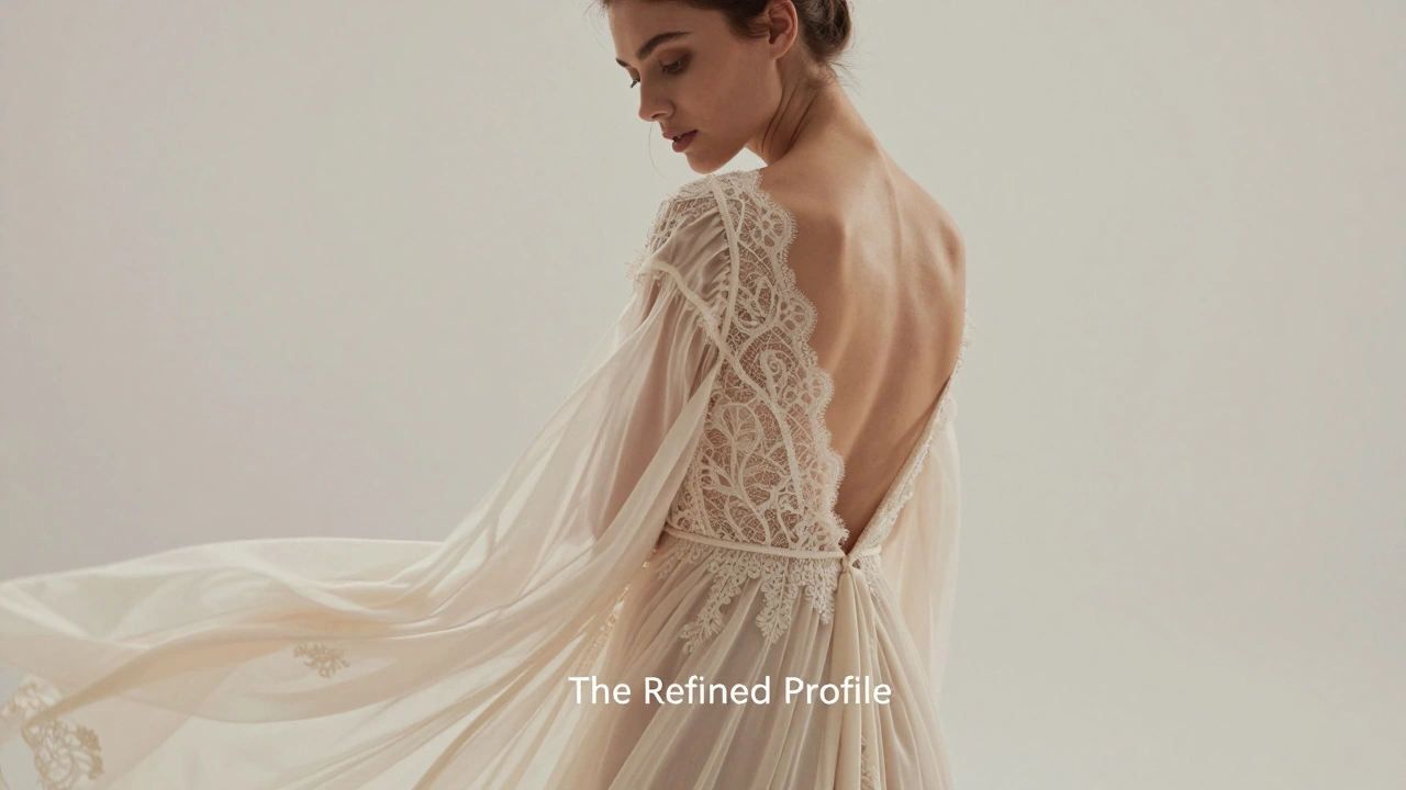 Elegant model in a flowing open-back gown performing a deep over-the-shoulder twist.