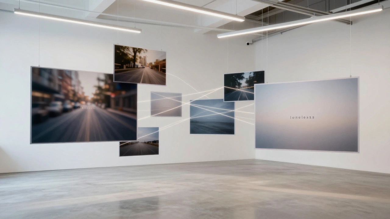 Floating translucent panels showing themed photo archives connected by glowing threads.